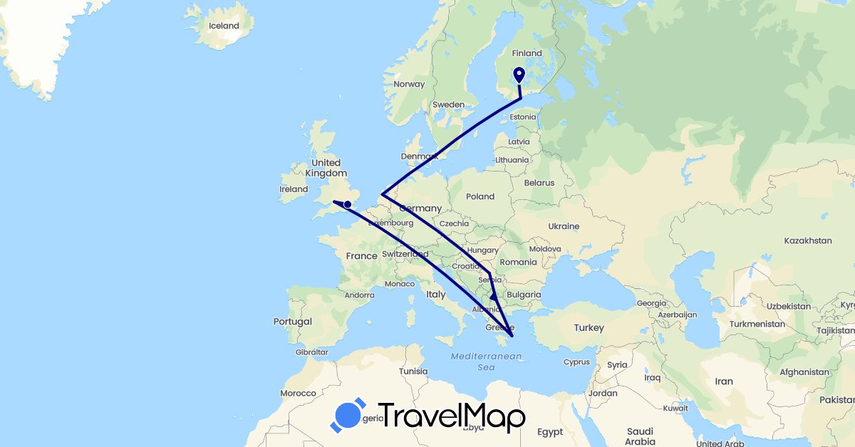 TravelMap itinerary: driving in Denmark, Finland, United Kingdom, Greece, Macedonia, Netherlands, Serbia, Kosovo (Europe)